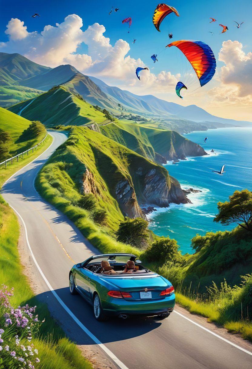 A scenic road winding through lush green hills, with a joyful driver in a convertible, hands raised in exhilaration. Bright sunlight glimmers off the car and the landscape, symbolizing freedom and happiness. Include playful elements like flying colorful kites in the background and birds soaring in the clear blue sky. Add subtle hints of a winding coastline in the distance. vibrant colors. super-realistic.