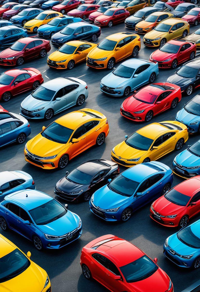A collage featuring a bustling car dealership filled with shiny vehicles, alongside a vibrant online forum interface displaying car enthusiasts chatting. Include a diverse group of people interacting with both cars and computers, conveying joy and excitement. The backdrop should show a sunny day, symbolizing happiness and freedom associated with automotive culture. super-realistic. vibrant colors. dynamic composition.
