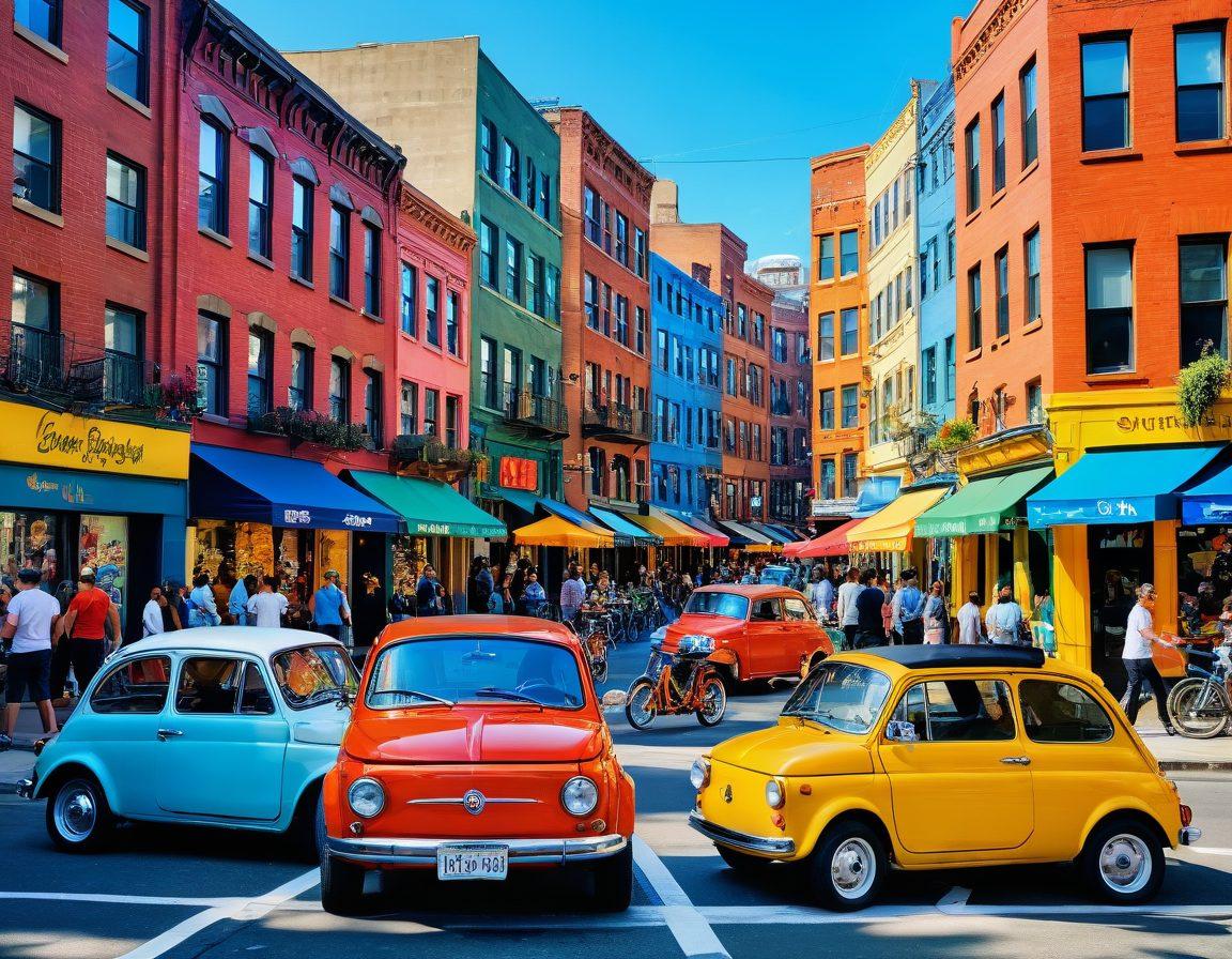 A vibrant scene of diverse vehicles embodying joy, such as brightly colored vintage cars, electric scooters, and cheerful bicycles, all set against a lively urban backdrop filled with smiling people. The atmosphere conveys a sense of freedom and happiness, with colorful banners and street art enhancing the environment. The sky is clear blue and the sun is shining bright, bringing warmth to the scene. super-realistic. vibrant colors. dynamic composition.